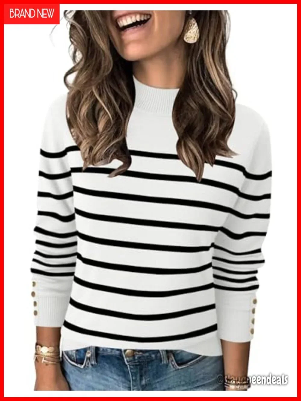 Mock Neck Long Sleeve Knit Pullover Sweater with Button Cuffs